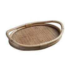 Oval Shape Bamboo and Rattan Wicker Bent Wood Serving Tray Vintage