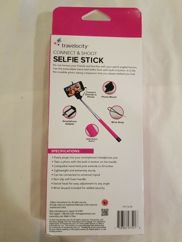 TRAVELOCITY CONNECT & SHOOT PINK BUILT IN BUTTON SELFIE STICK 43" EXTENSION NEW - Picture 4 of 6