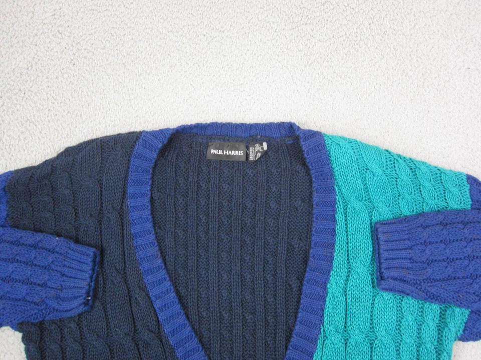 Vintage Paul Harris Cardigan Womens Small Blue Cable Knit Sweater Color Block - Image 2 of 4