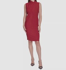 Halston Women's Red Metallic Glitter Draped Mock Neck Sleeveless Dress Size 6