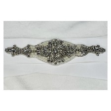Beaded Crystal Pearl Bridal Sash Ribbon Belt Off White