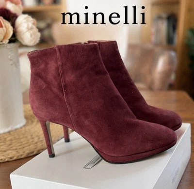 Minelli bottines daim bordeaux 38 talon aiguille haut bout rond zip - Photo 1/4