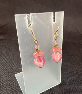 Pink Glass Flower Artisan Dangle Earrings Gold Tone Hooks Cottagecore Fairycore