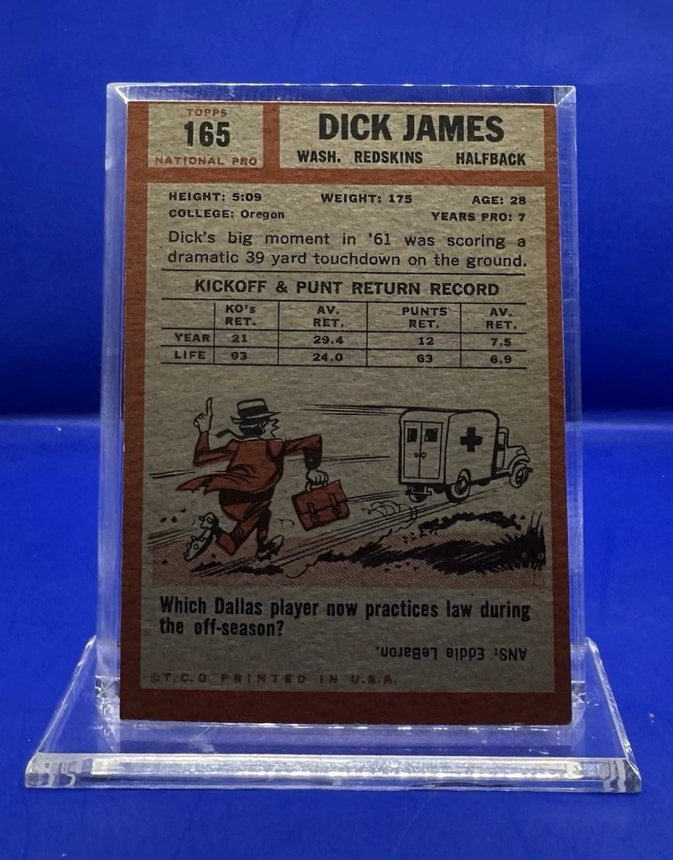 1962 TOPPS FOOTBALL #165 DICK JAMES WASHINGTON REDSKINS - Image 2 of 2