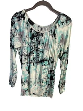 ab studio Women’s top Size Small Long Sleeve Cream Black Sea Blue Tye Dye