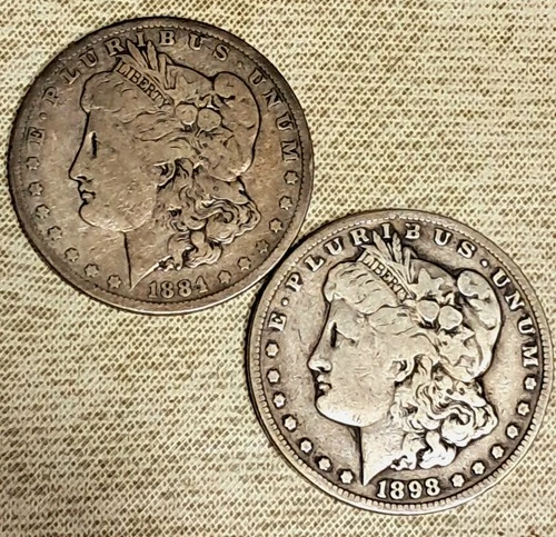 Double Shot Morgan Silver Dollars 1884 O & 1898 S. Old West Special !!  VG/F !!