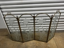 Etched Glass and Brass Fireplace Screen Post-Modern 80's Vintage Flowers Lily’s