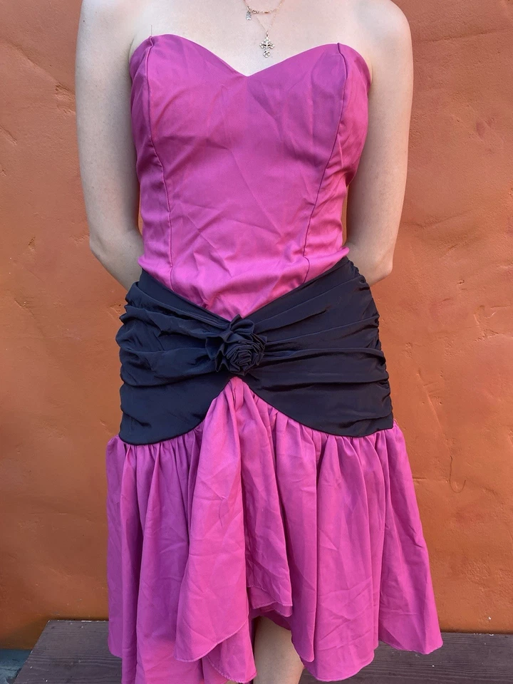 Винтажный 1980-х выпускное платье розовый черный hi низкий без бретелек вечернее вечеринки официальный - Изображение 4 из 4