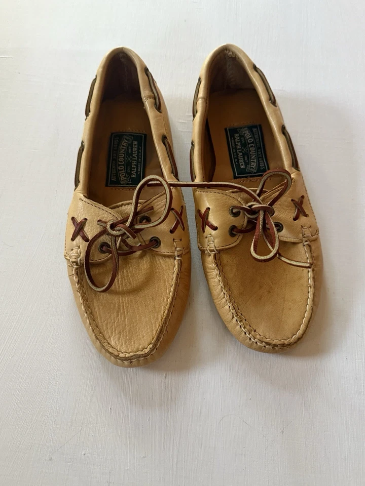 De colección Ralph Lauren Polo Country Dry Goods Cuero Mocasines Mocasines Hombres Talla 7 Tostado Foto 2 de 4