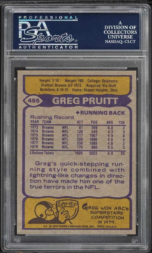 1979 Topps FB Card #455 Greg Pruitt Cleveland Browns HOF PSA 9 MINT - Image 2 of 2