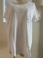 NWT Croft Barrow Womens XXL White Short Sleeve Lace Trim Tee $26