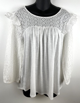 Cupio Pullover Top Womens L Ivory Eyelet Peasant 3/4 Sleeve Blouse Stretch