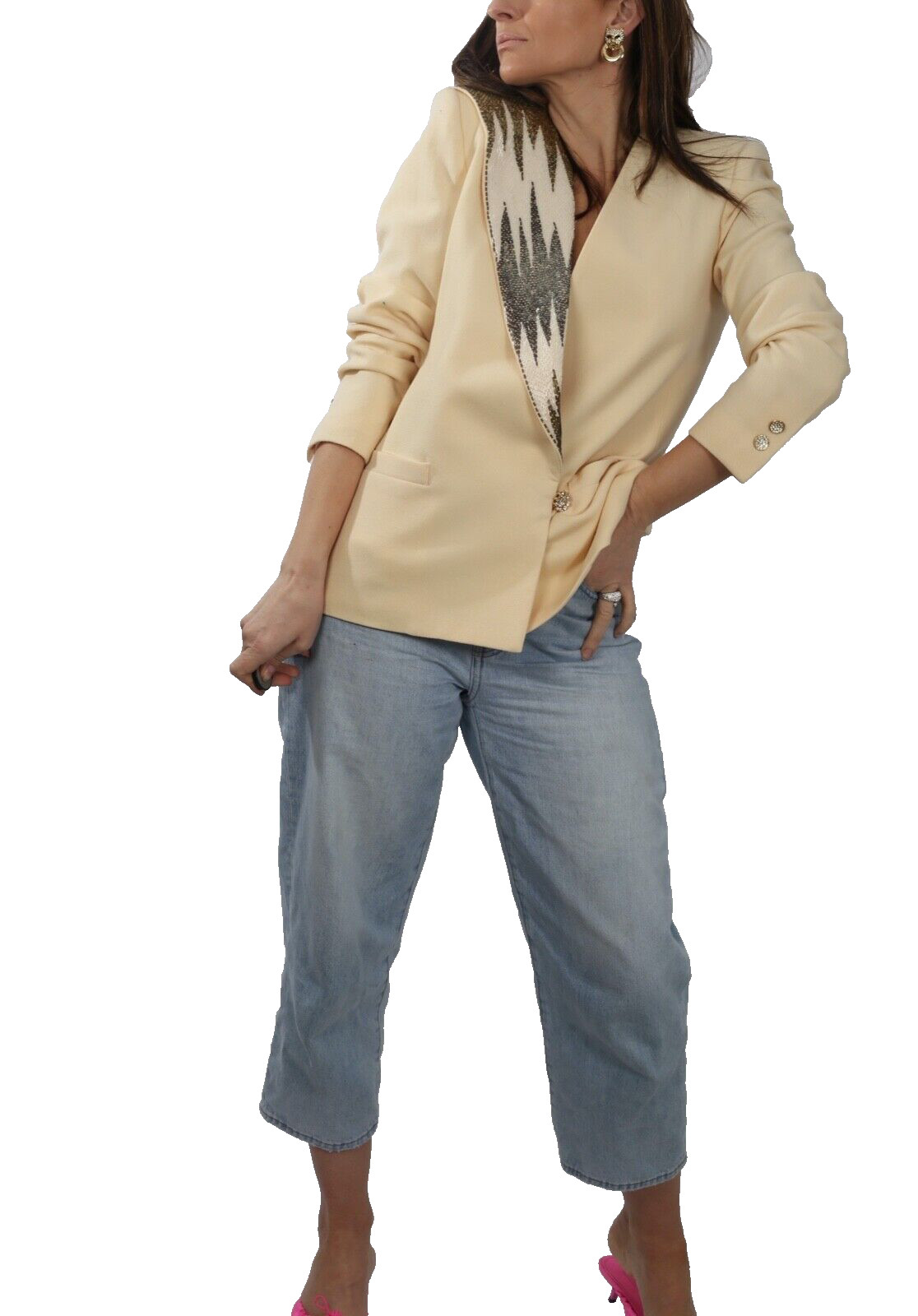 Vintage Nolan Miller Dynasty Collection Beige Wool Beaded Blazer Jacket Womens 6 image 4
