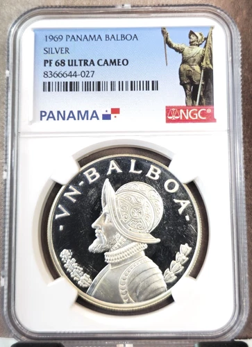 1969 PANAMA SILVER 1 BALBOA NGC PF 68 ULTRA CAMEO KEY DATE RARE GEM PROOF