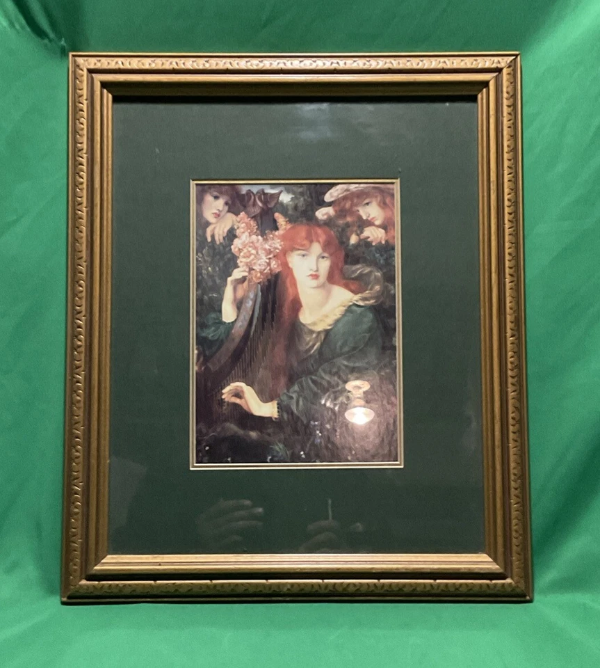 DE COLECCIÓN MUJER TOCANDO ARPA RODEADA DE PLANTAS IMPRESIÓN En Marco de Madera 15.5” X 18.5” Foto 3 de 4