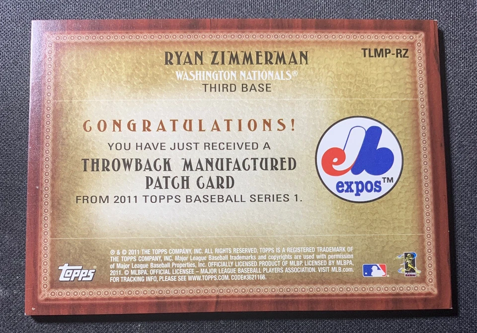 2011 Topps Baseball Certified Authentic Custom Patch Ryan Zimmerman #TLMP-RZ - Image 2 of 2
