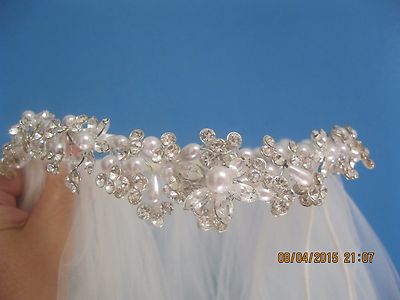  Tiara Rhinestone and Pearl Bridal-Veil-Ivory-Off-White-2-Tiers-Elbow-Length