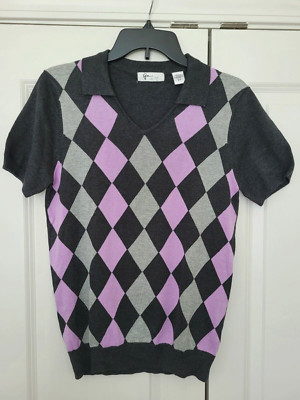 NEW GREG NORMAN SHORT SLEEVE ARGYLE PREPPY COLLAR V NECK  GOLF SWEATER MODAL S