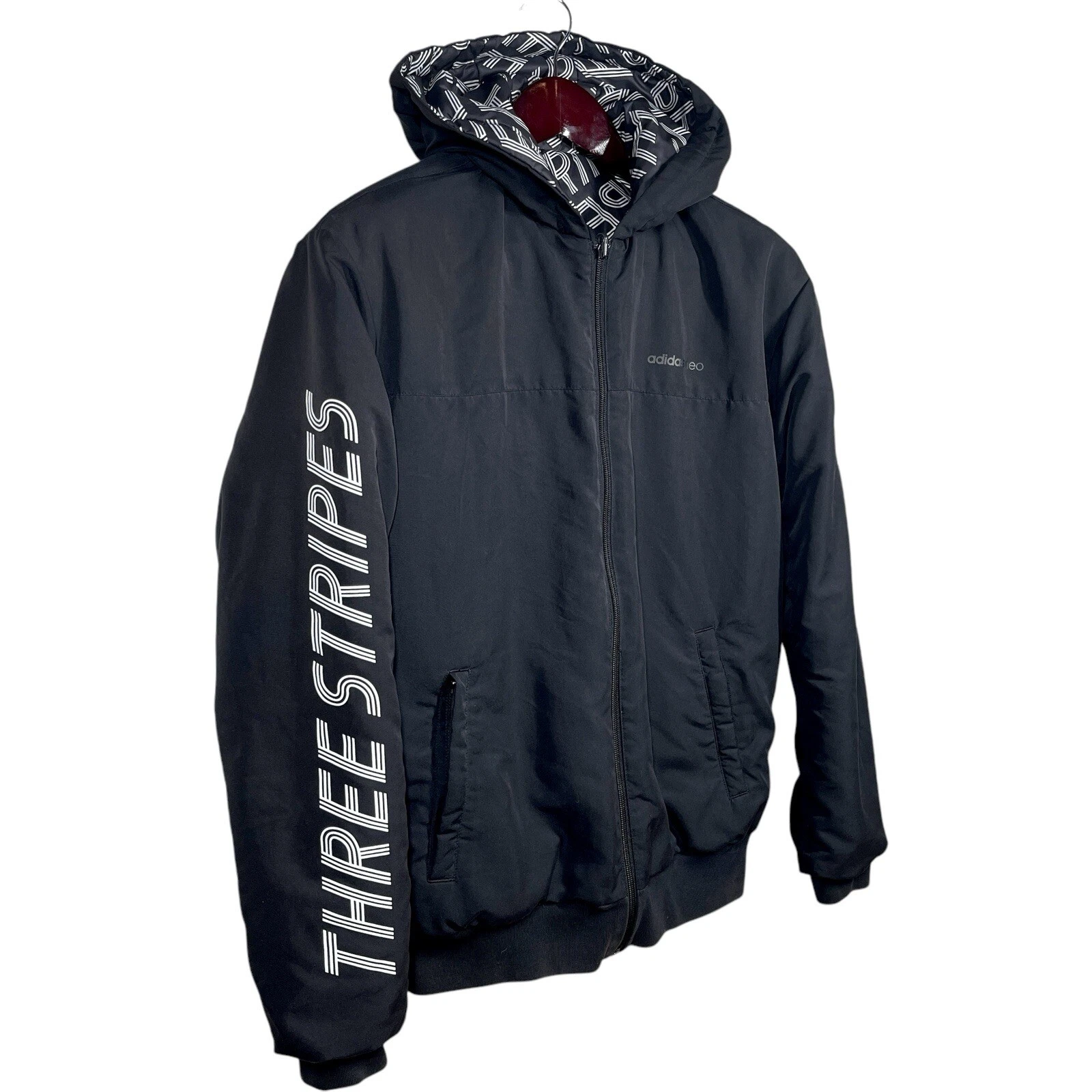 Adidas Neo Reversible Puffer Hoodie Jacket Medium Black Logo Graphic Print - product detail image 4