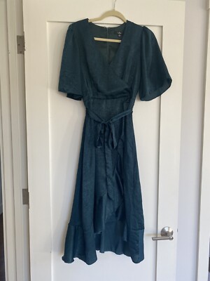 Lulus wrapped up in love dark green satin faux-wrap dress S | eBay