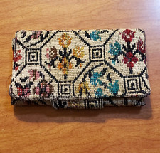 Boho Wallet - Vintage 70's Colorful Needlepoint Wallet Large Tri-Clutch 4" x 7"