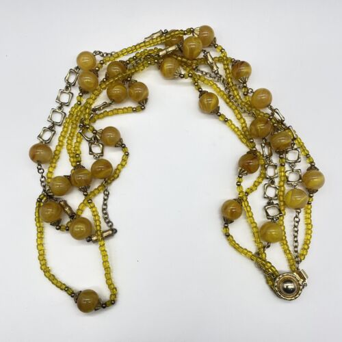 Vintage William deLillo Gold-Tone Yellow Glass 3 Strand Beaded Necklace - Picture 4 of 6