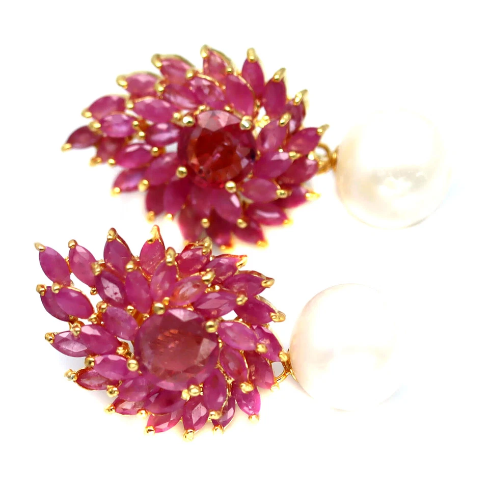 10 MM. White Pearl & Red Ruby Earrings 925 Sterling Silver 18K Gold Plated - Image 2 of 4