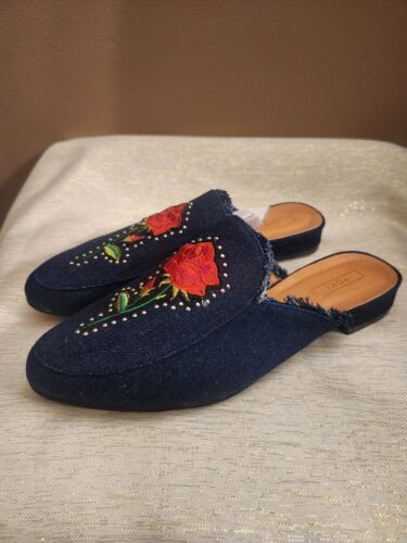 Yoki Willas Rose Embroidered Mules Dark Denim Frayed Shoes Slip On Size 6.5 NEW