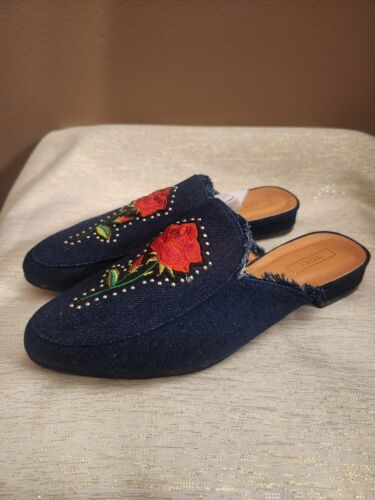 New Yoki Willas Rose Embroidered Mules Dark Denim Frayed Shoes Slip On Size 8.5 - Picture 1 of 6