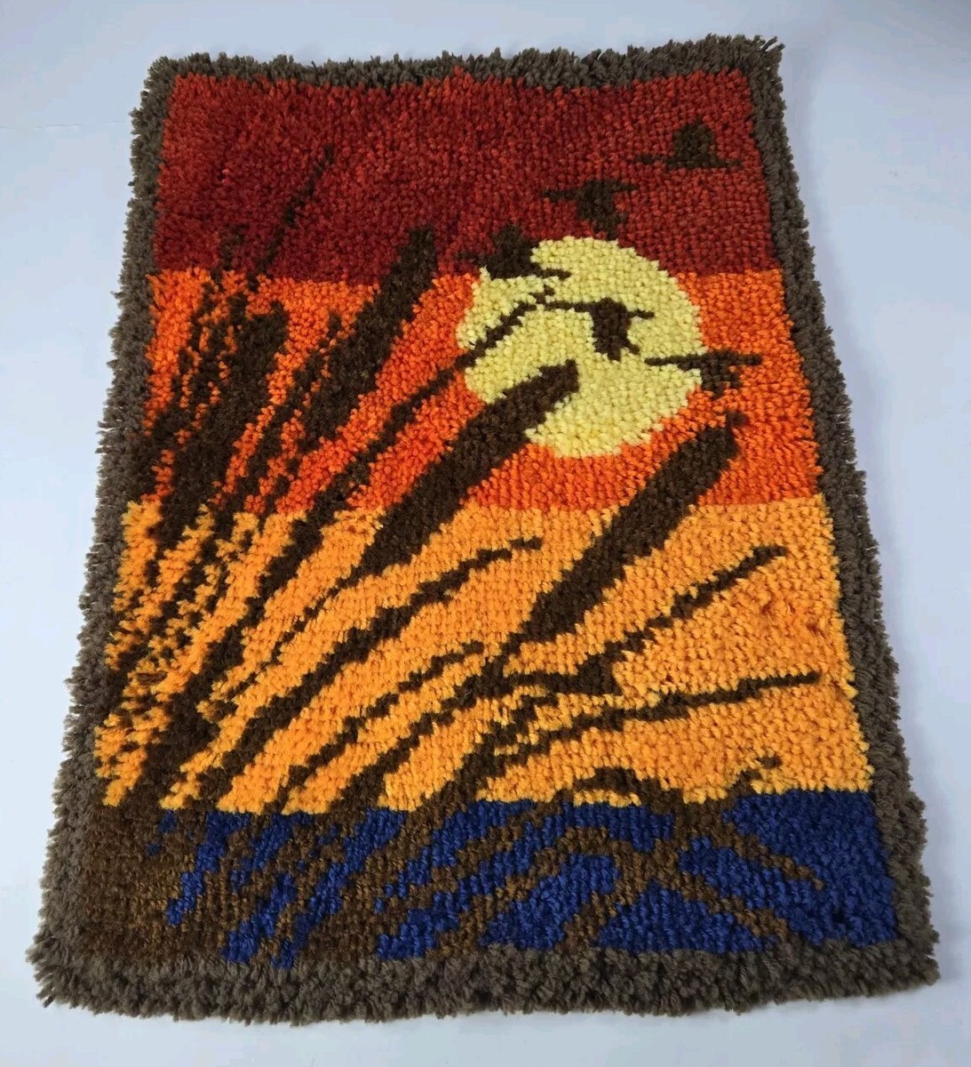 Vtg 70s/80s Latch Hook Rug Wall Hanging Sunset Birds Water 22x29