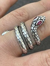 Snake Ring Solid 925 Sterling Silver Wrap Around Cobra W. Simulated Ruby Eyes