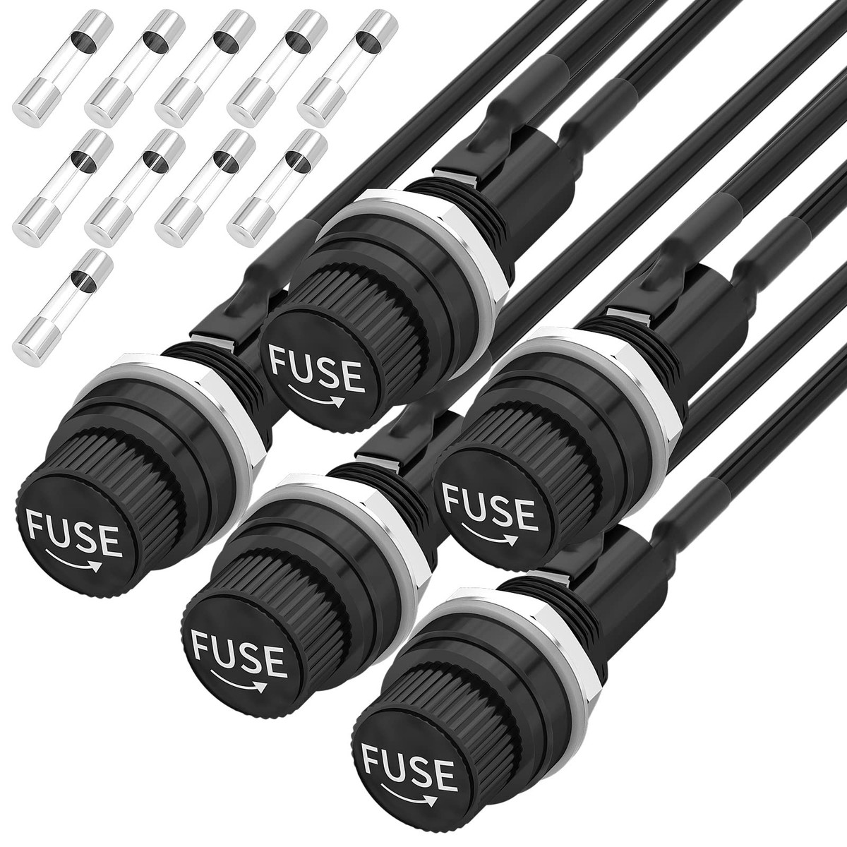 MECCANIXITY 10-Pack Panel Mount Fuse Holder – 5x20mm, AC 250V 10A / 125V 15A, Round Waterproof With Pre-Soldered Wires