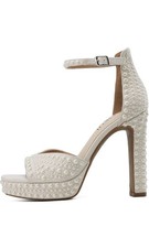 TEAIEUI White Strappy Bridal Shoes Pearl Rhinestone Chunky Heel