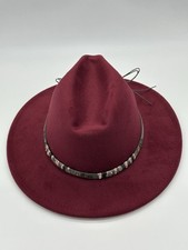 Burgundy Wool Fedora Hat Beaded Band Wide Brim Panama Style Unisex SM-Med