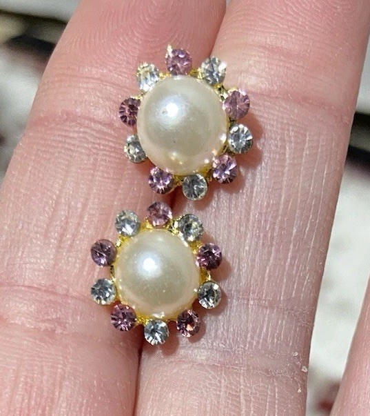 Pierced Earrings Stud, Pink And White Rhinestones, Faux Pearl,Gold Tone Hardware