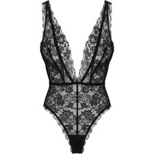 New Victorias Secret Black Floral Lace Plunge Bodysuit High Cut Medium Coquette