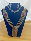 Vintage Costume Jewelry Necklace, Earrings, and Bracelet Set, Gold Toned W Gems