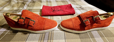 Christian Louboutin Red US13 Double Monk Strap Suede Shoes Handmade Italy  $1,695
