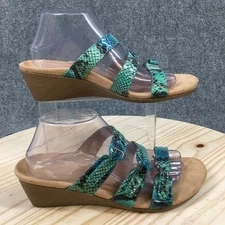 Vionic Sandals Womens 9 Dwyn Snake Print Slip On Wedge Slide Green Faux Leather