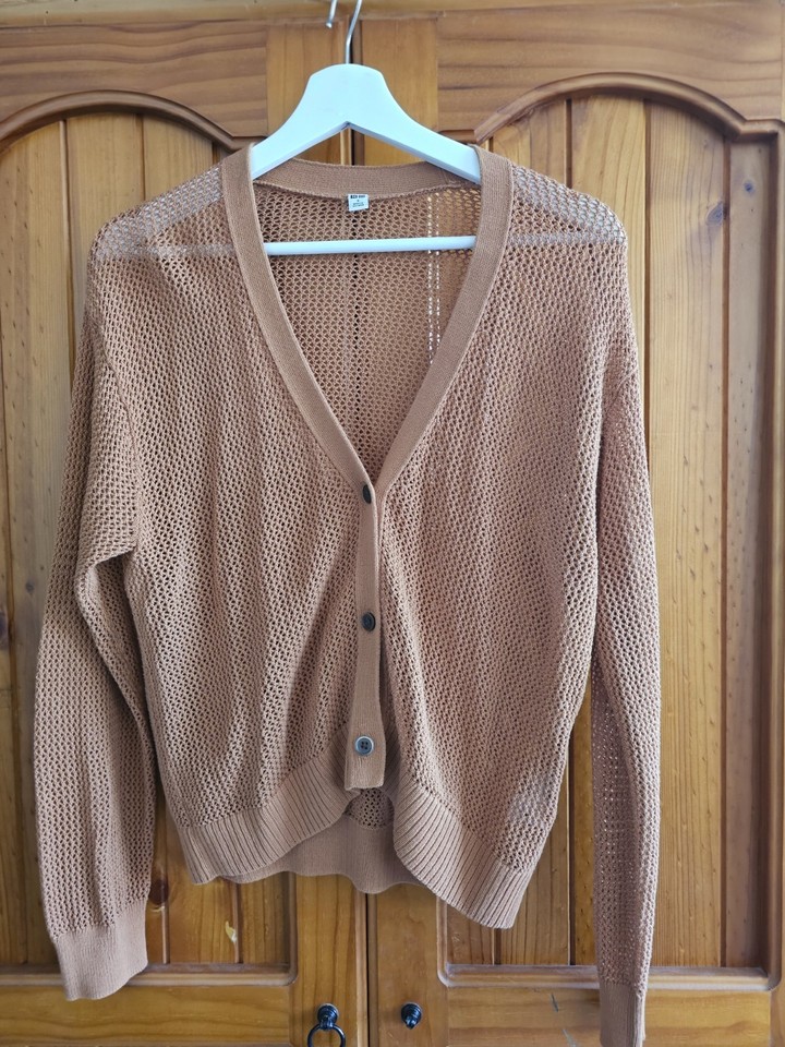 Uniqlo Women's Brown Open-Knit V-Neck Button Cardigan Jumper Cotton Size S