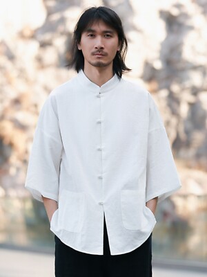3/4 Sleeve Linen Shirt Mens Chinese Style Cotton and Linen Retro
