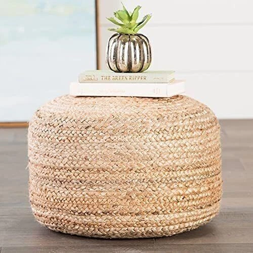 Pouf Jute Handmade Natural Braided Beige Round Ottoman Home Decor Pouffe Cover - Image 3 of 3