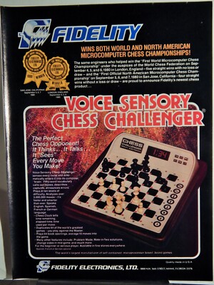 VOICE SENSORY CHESS CHALLENGER GAME BY FIDELITY ORIG VTG 1980 PHOTO AD, 