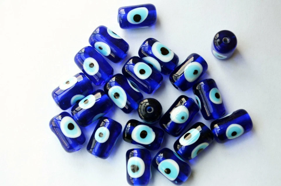 10 Pcs Cylinder Evil Eye Beads Blue 14mm Glass Beads From Turkey Nazar Evil Eye  - Image 2 of 4