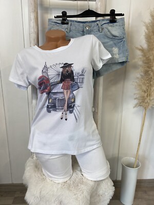 Made in Italy Trend Print Shirt T-Shirt Weiß 34 36 38 Cotton London