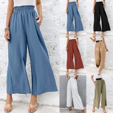 Womens Elastic Waist Wide Leg Long Pants Ladies Casual Loose Palazzo Trousers US