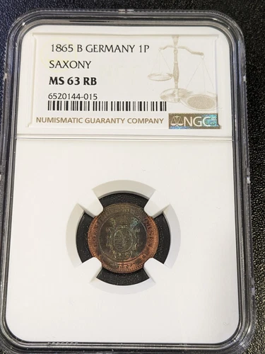 1865 B MS63 RB German States Saxony Pfennig NGC KM 1216