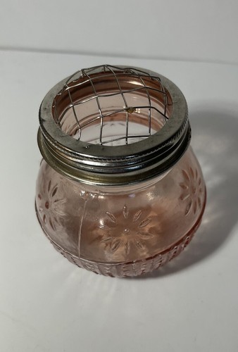 Vtg Pink Pressed Glass Flower Bowl With Wire Lid - Picture 3 of 5