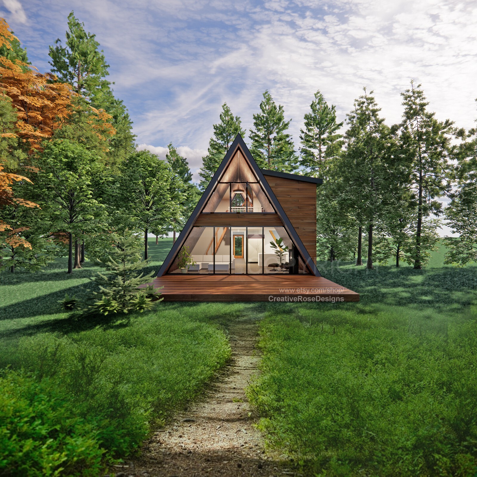 A Frame 22' x 36' Spacious Cabin House Design Plans Drawings