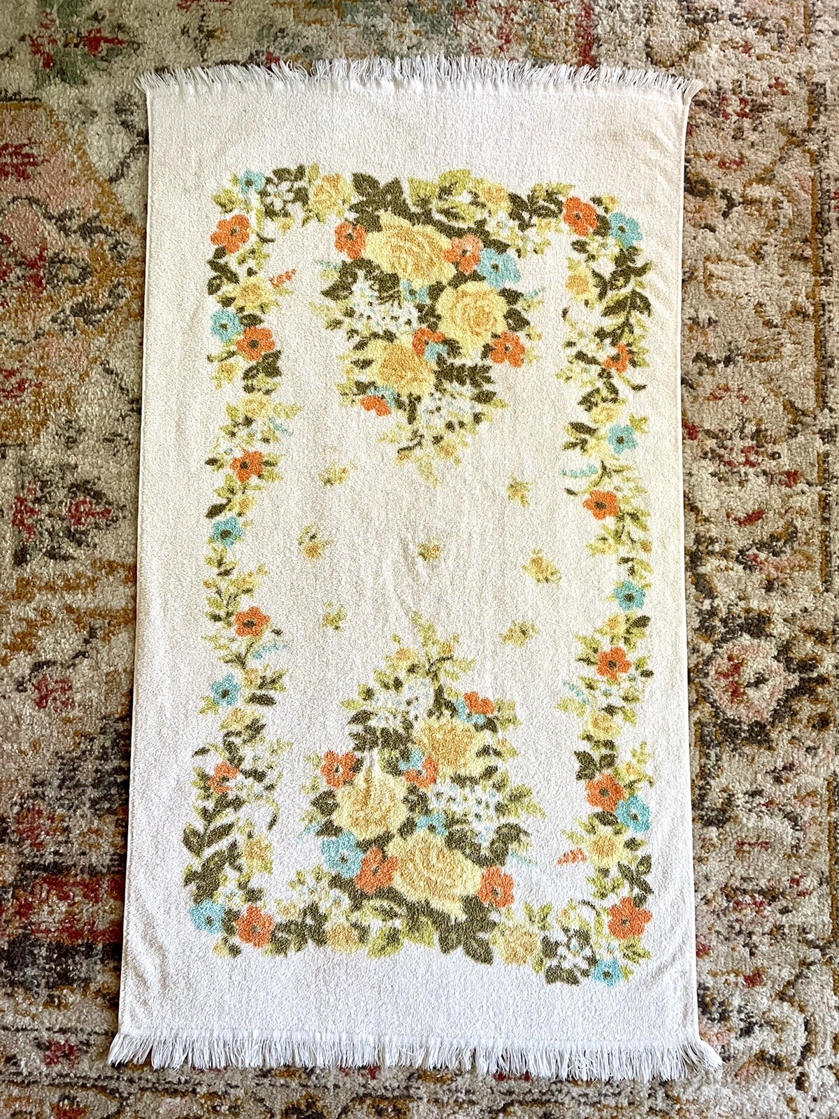 Vintage 1970s Dundee Floral Yellow Rose Cotton Bath Towel Fringe Made in USA eBay